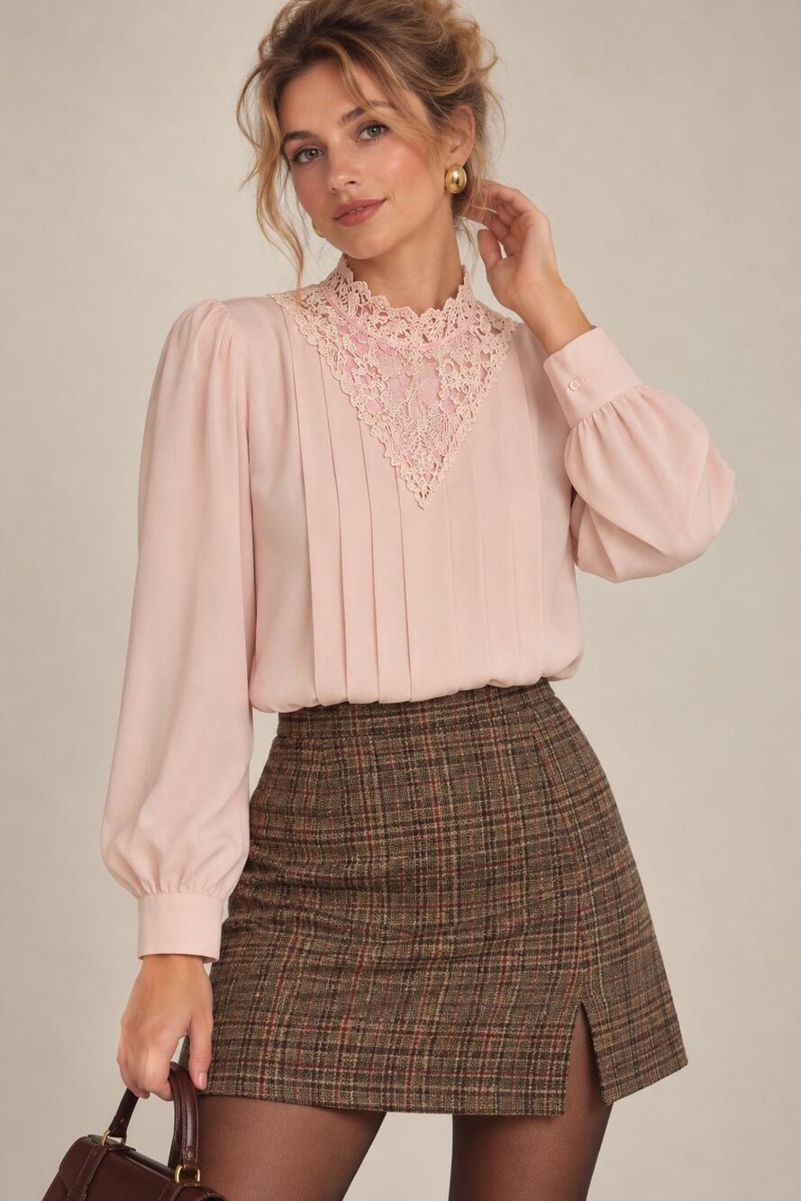 Vtg 90s Worthington High Neck Lace 26 W Pleated Blouse Pink Victorian Revival